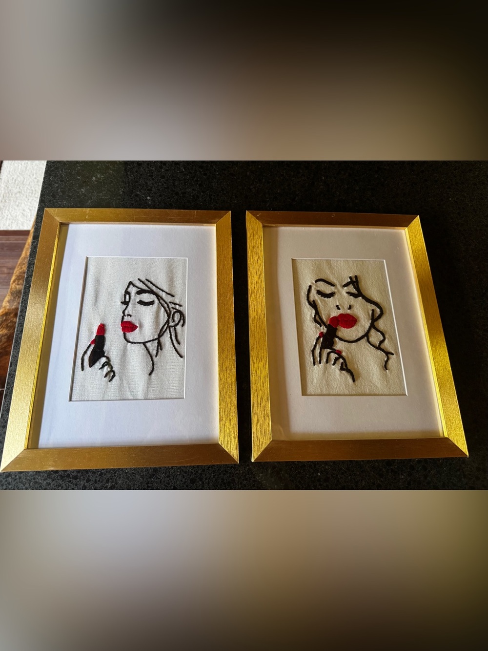 Set of 2 Gold Framed Lipstick embroidered art